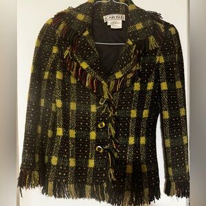 Carlisle Black and Chartreuse Tweed Blazer with Red Accent Sz 0